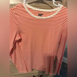 Lands' End Coral and White Striped Long-Sleeve Tee